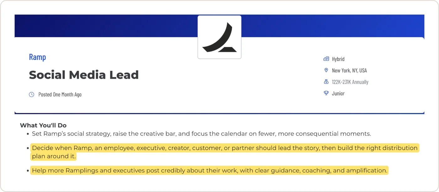 Ramp's Social Media Lead job post, with two lines highlighted: decide when Ramp, an employee, executive, creator, customer or partner should lead the story, and help more employees and executives post with guidance and coaching
