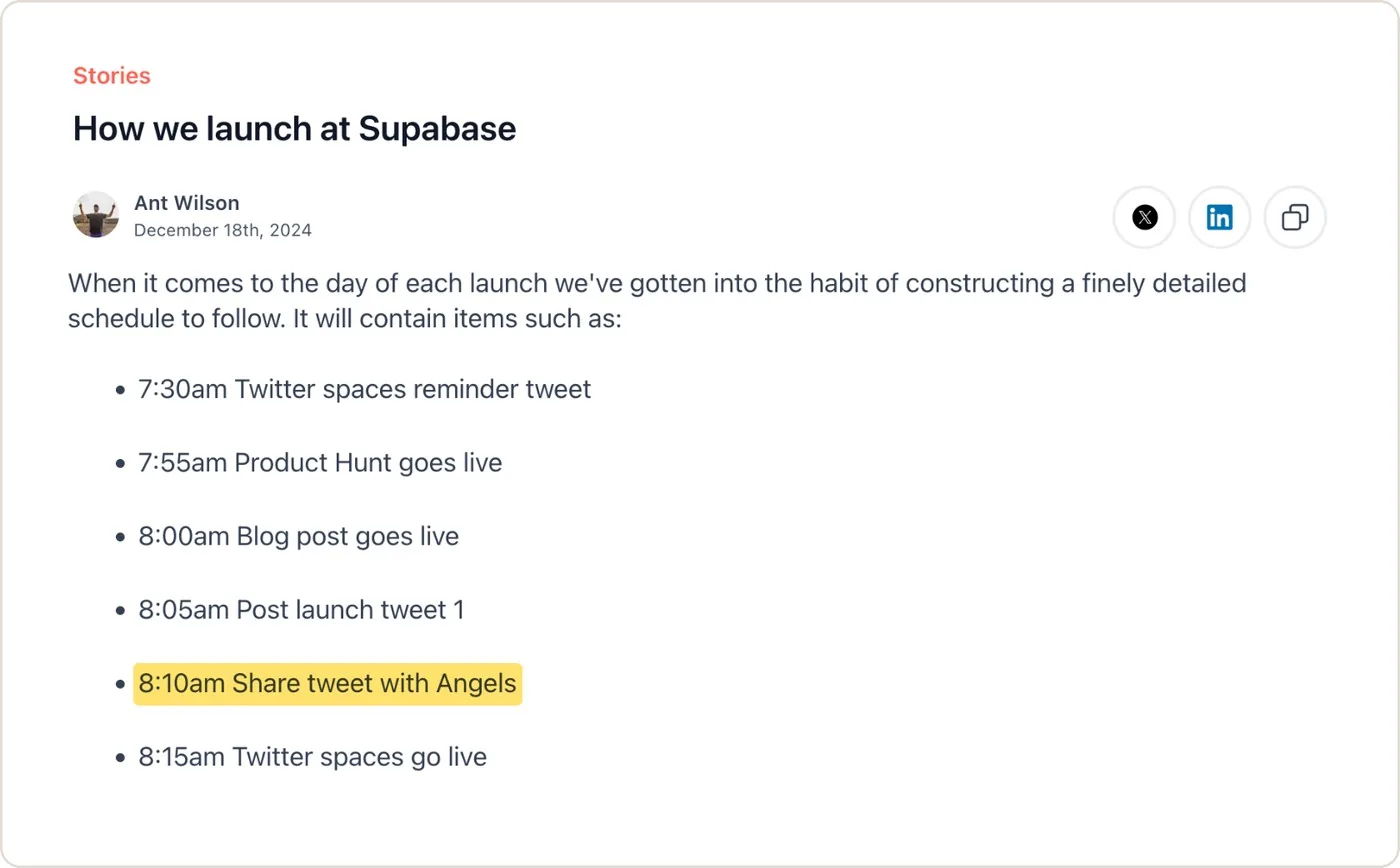 Supabase's launch day schedule on Product Hunt: 7:30am Twitter spaces reminder, 7:55am Product Hunt goes live, 8:00am blog post, 8:05am launch tweet, 8:10am share with angels, 8:15am Twitter spaces go live